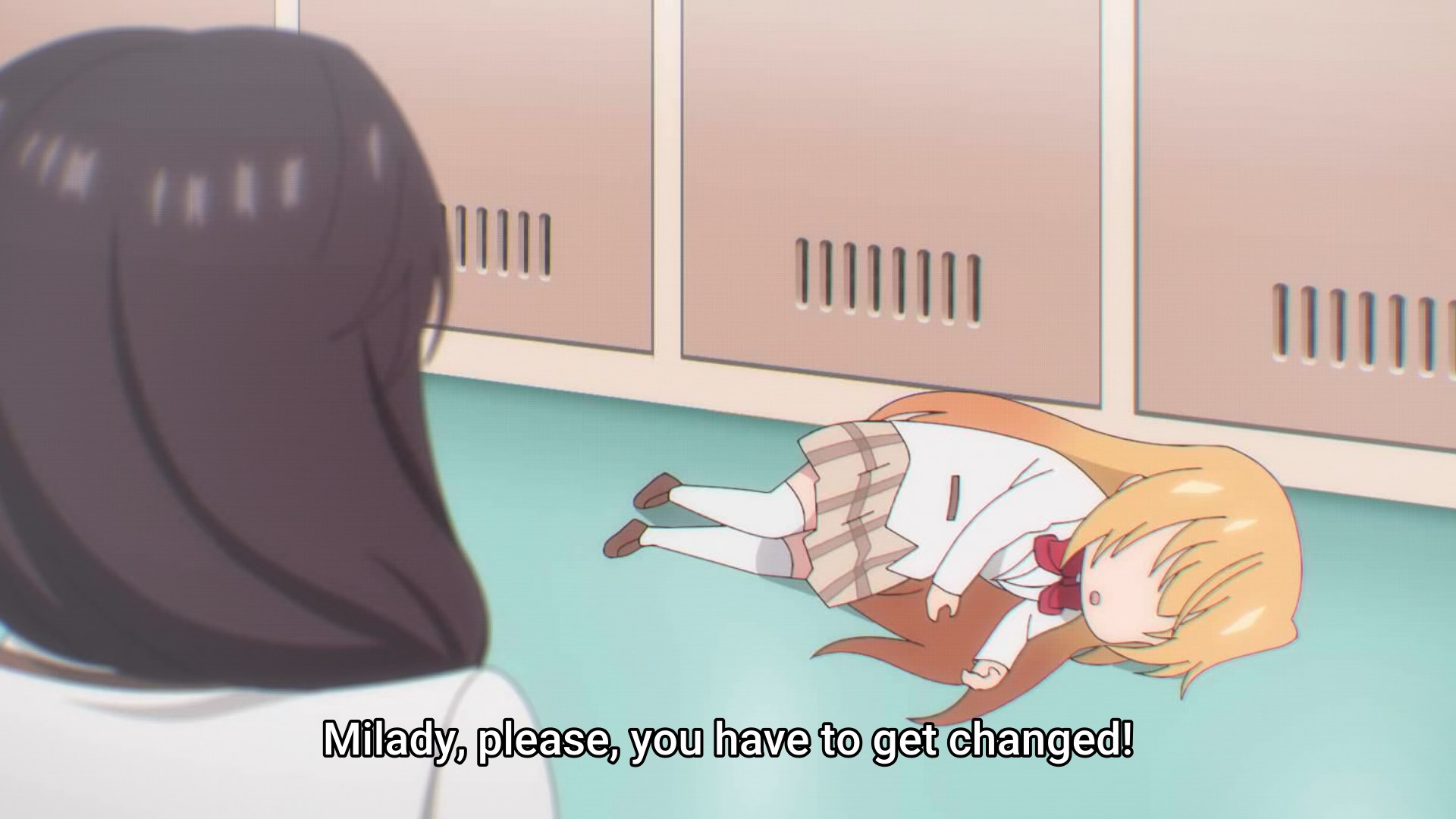 An anime girl, lying as a blob on the ground in a changing room as another anime girl pleads with her to get changed